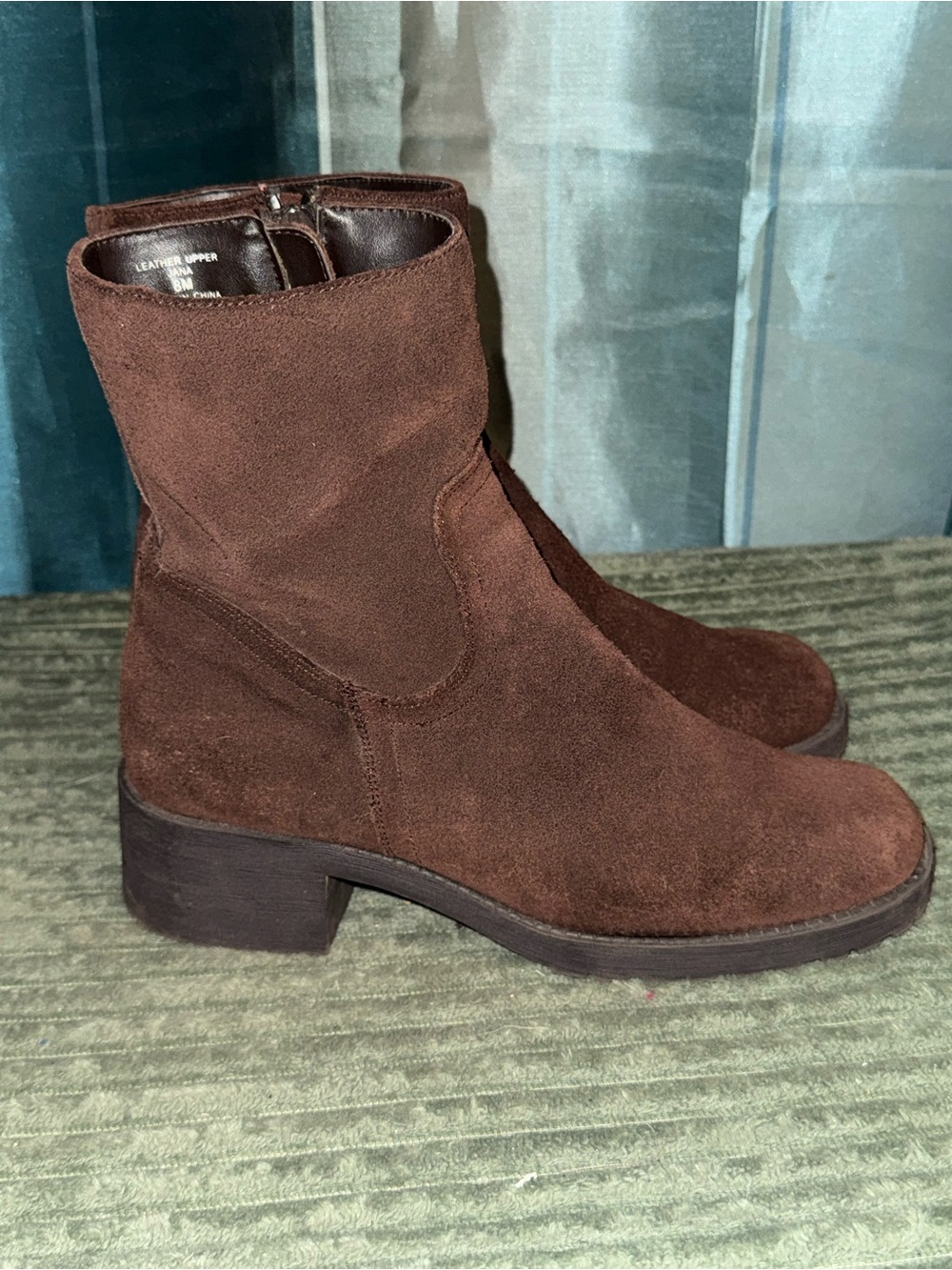 Brown Suede Ankle Booties with Low Block Heel